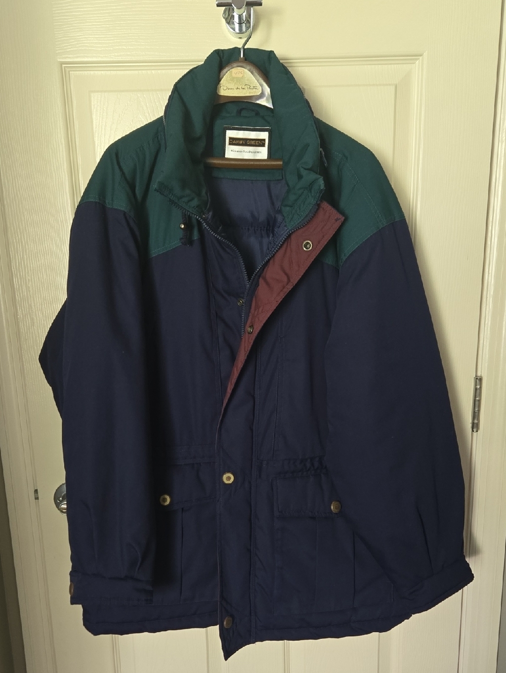 London Fog Navy Jacket with Green Yoke and Burgundy Trim
